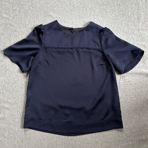 J Crew 365 Hammered Satin Navy Blue Blouse Top Women's Size 0 Short Sleeve EUC
